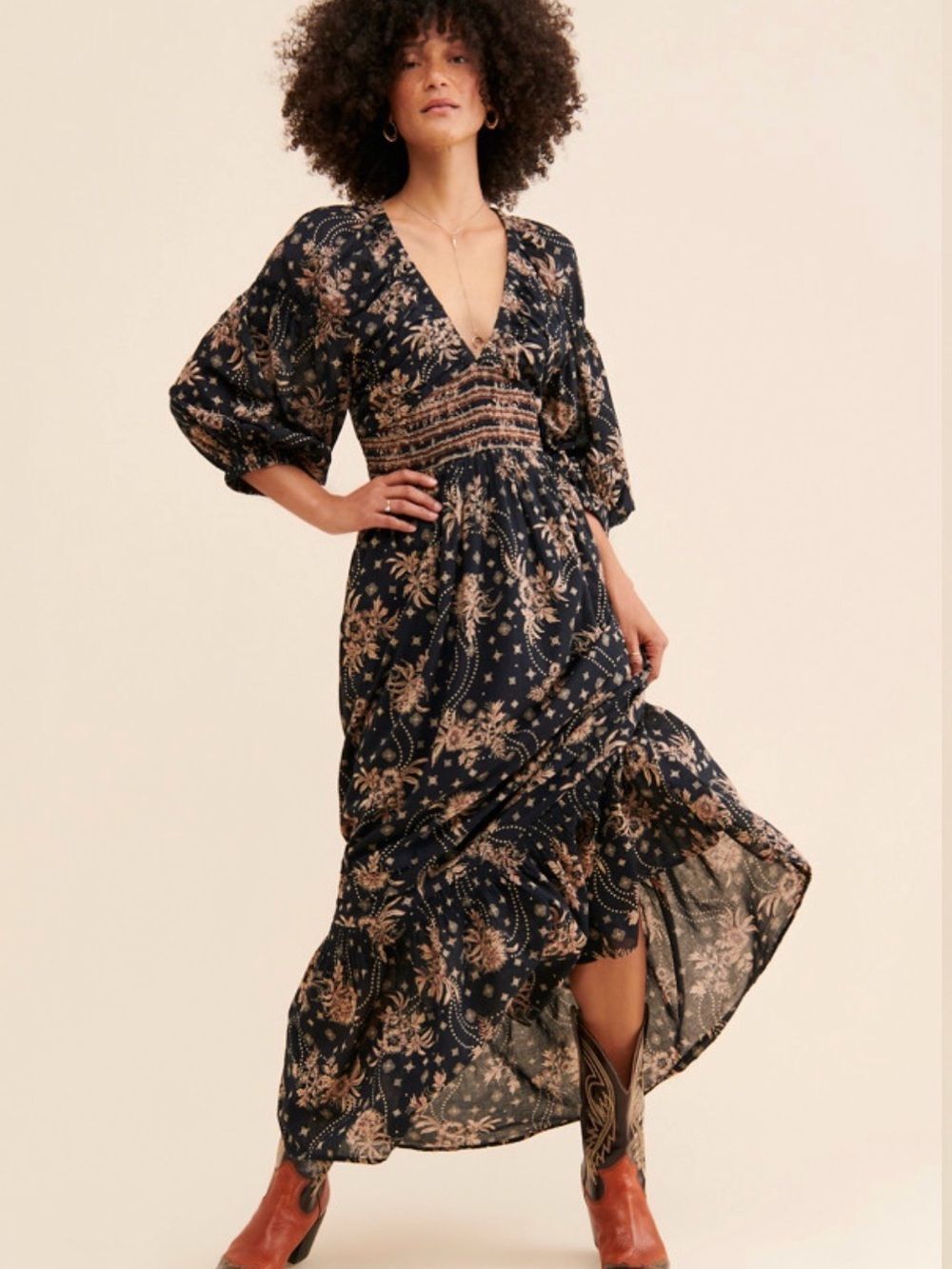 Free People Golden Hour Maxi Dress Black Combo | Boho Floral | Size XS